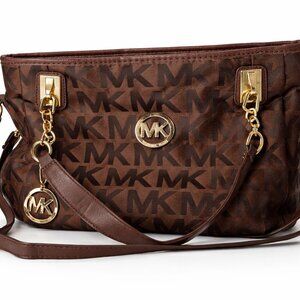 Michael Kors Brown Monogram Shoulder Bag – Gold Hardware – Classic MK Logo